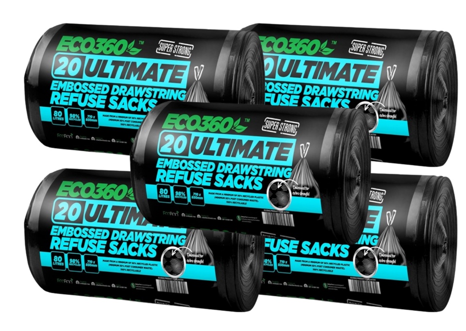 20-Pack Ultimate Embossed Black Drawstring Bin Liner Bin Bag Refuse Sacks Heavy Duty - 80L Capacity