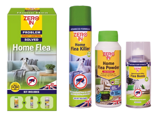 Zero In All-In-One Flea Killer Kit | 3 Treatment Pack | Powder, Spray and Room Bomb