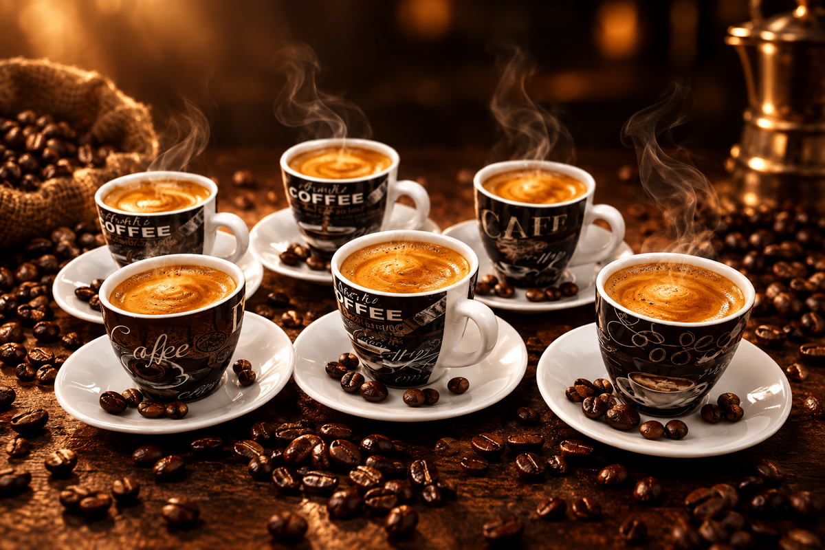 Fixtures Coffee Printed Design Espresso Cup & Saucer Set {12 Piece Set}