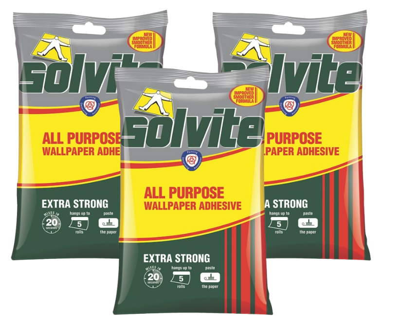 Solvite All Purpose Wallpaper Adhesive 5 Roll +50%free (Hangs Up To 7.5 Rolls) 3 Pack Bundle