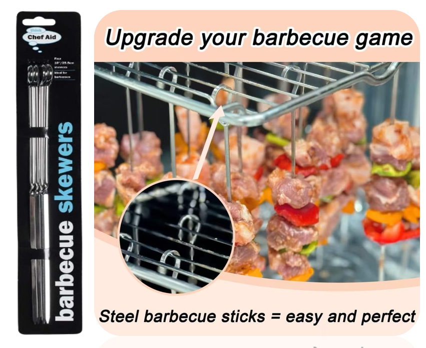 Chef Aid 10 Inch Metal BBQ Skewers | Stainless Steel | 4 Pack