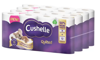 Cushelle Quilted 3-Ply Toilet Rolls 50% Longer Rolls (Pack of 8=12)