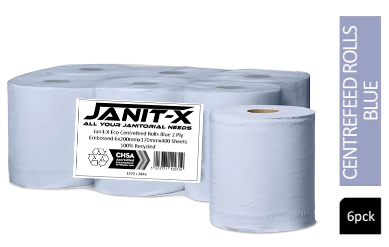 Janit-X Eco 100% Recycled Centrefeed Rolls Blue 6 x 400s CHSA Accredited - UK BUSINESS SUPPLIES