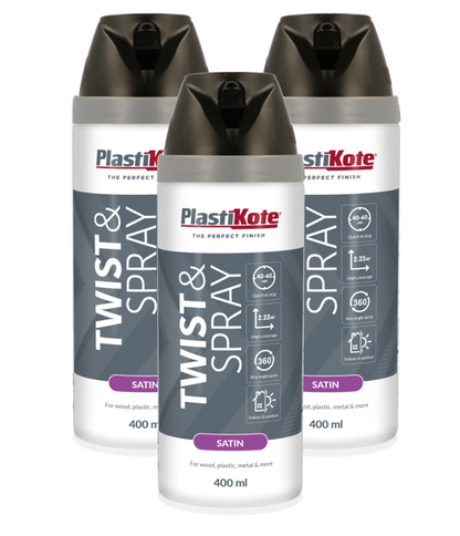 Plastikote Premium Paint Spray | Satin Finish | Black | 6 x 400ml | Coverage: 2.23m² per can