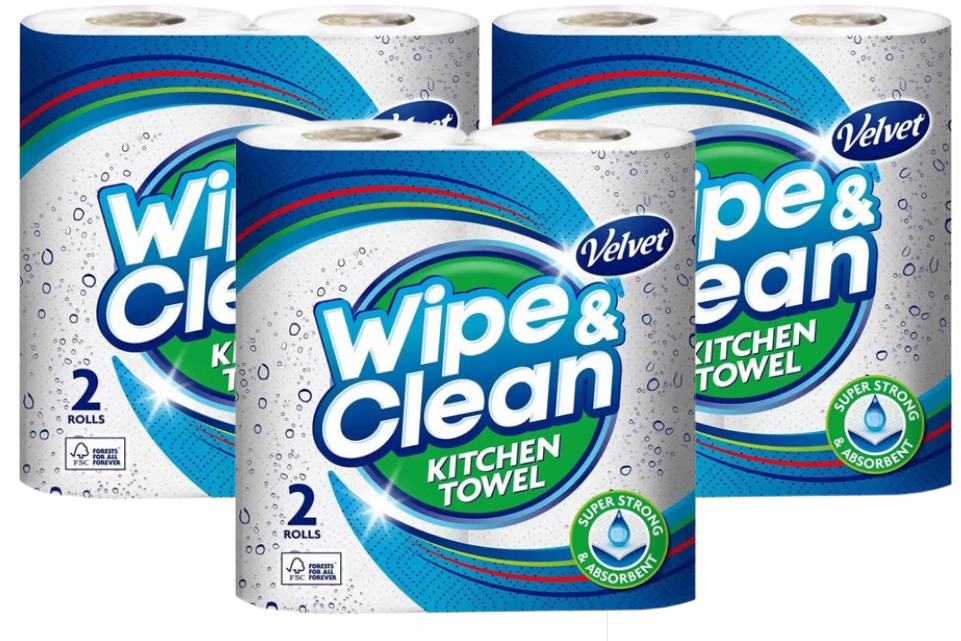 Velvet Wipe and Clean Kitchen Roll Towel Twin Pack | 3 Pack Bundle | 6 Rolls Total