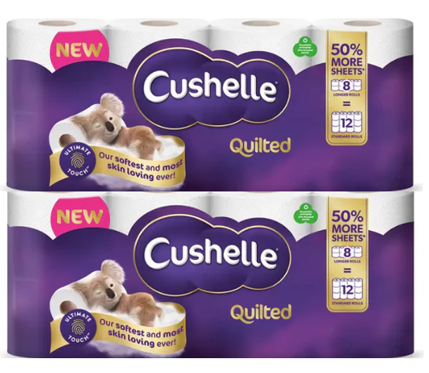 Cushelle Quilted 3-Ply Toilet Rolls 50% Longer Rolls (2 Packs of 8=12)