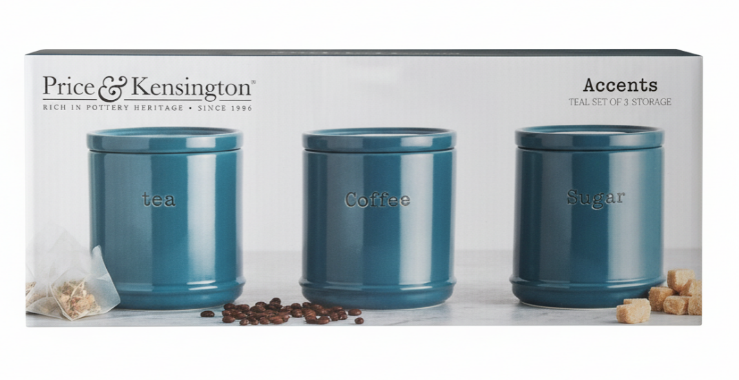 Accents Teal Tea/Coffee/Sugar Canisters 3 Set