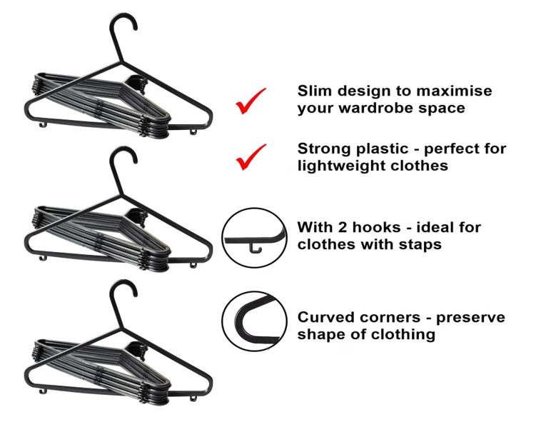 Plastic Full Size Clothes Hangers | 1 x 6 Pack Hanger Bundle.