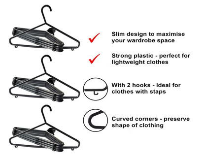 Plastic Full Size Clothes Hangers | 1 x 6 Pack Hanger Bundle.