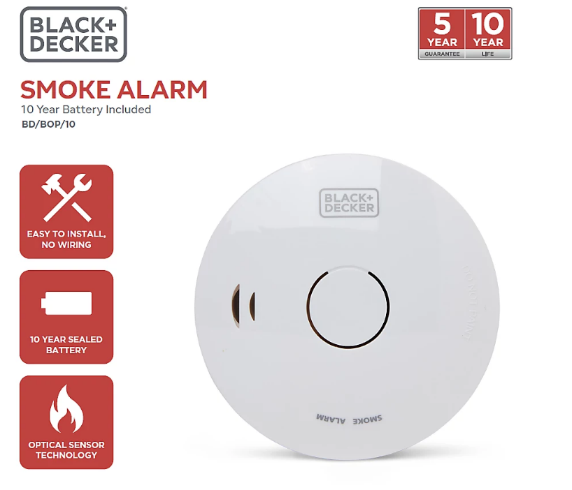 Black + Decker Smoke Alarm |10 Year Sealed Lithium Battery Life | Optical Sensor | Twin Pack Off