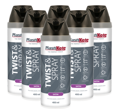 Plastikote Premium Paint Spray | Satin Finish | Black | 6 x 400ml | Coverage: 2.23m² per can