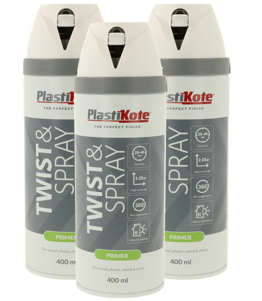 Plastikote Twist and Spray | Primer Paint | Quick Drying | White 400ml | 3 Can Bundle&nbsp;