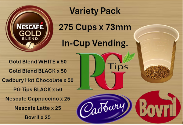 275 x Incup Variety Pack Drinks for Vending Machines 73mm Cadbury,Gold Blend,Latte, Bovril.
