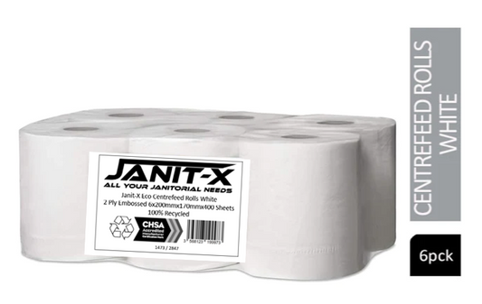 Janit-X Eco 100% Recycled Centrefeed Rolls White 6 x 400s CHSA Accredited - UK BUSINESS SUPPLIES