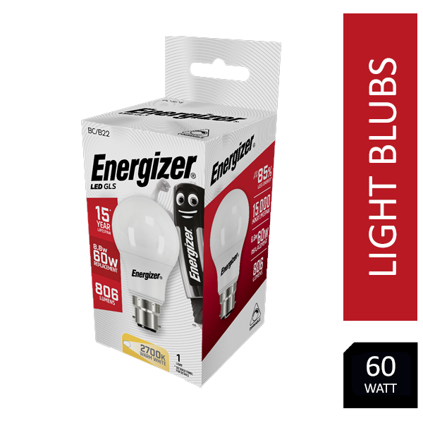 Energizer BC/B22 GLS 8.8/60W 2700k | Warm White LED Bulb | 5 Pack +1 Free
