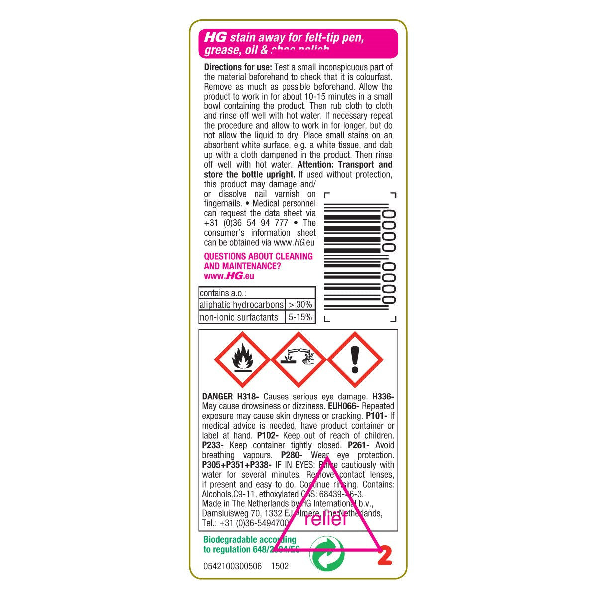 Hg Stain Away No. 2 For Stains Caused By Marker Pens, Grease, Oil, Shoe Polish, Etc.