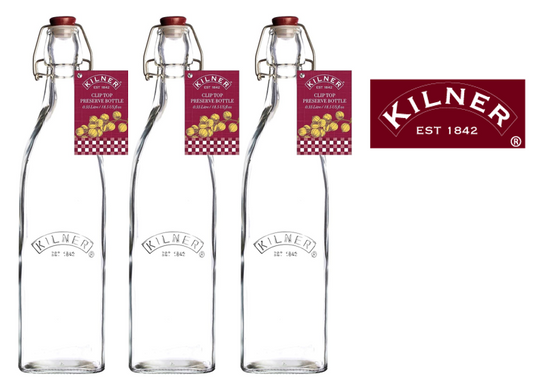 Kilner Branded Traditional Square Airtight Clip Top Preserve Glass Bottles 1 Litre (0025.472)