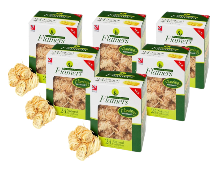 Natural Flamers Wood Wool Firelighters | 6 Boxes Of 24 For Stoves ,Wood Burners and BBQ's.