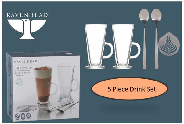 Ravenhead 5 Piece Latte/Irish Coffee Drink Set 2 Glasses, 2 Spoons and Stencil, Gift Boxed