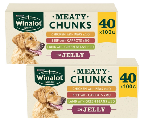 WINALOT Meaty Chunks Adult Wet Dog Food Mixed in Jelly Beef, Chicken, Lamb 80x100g Pouches