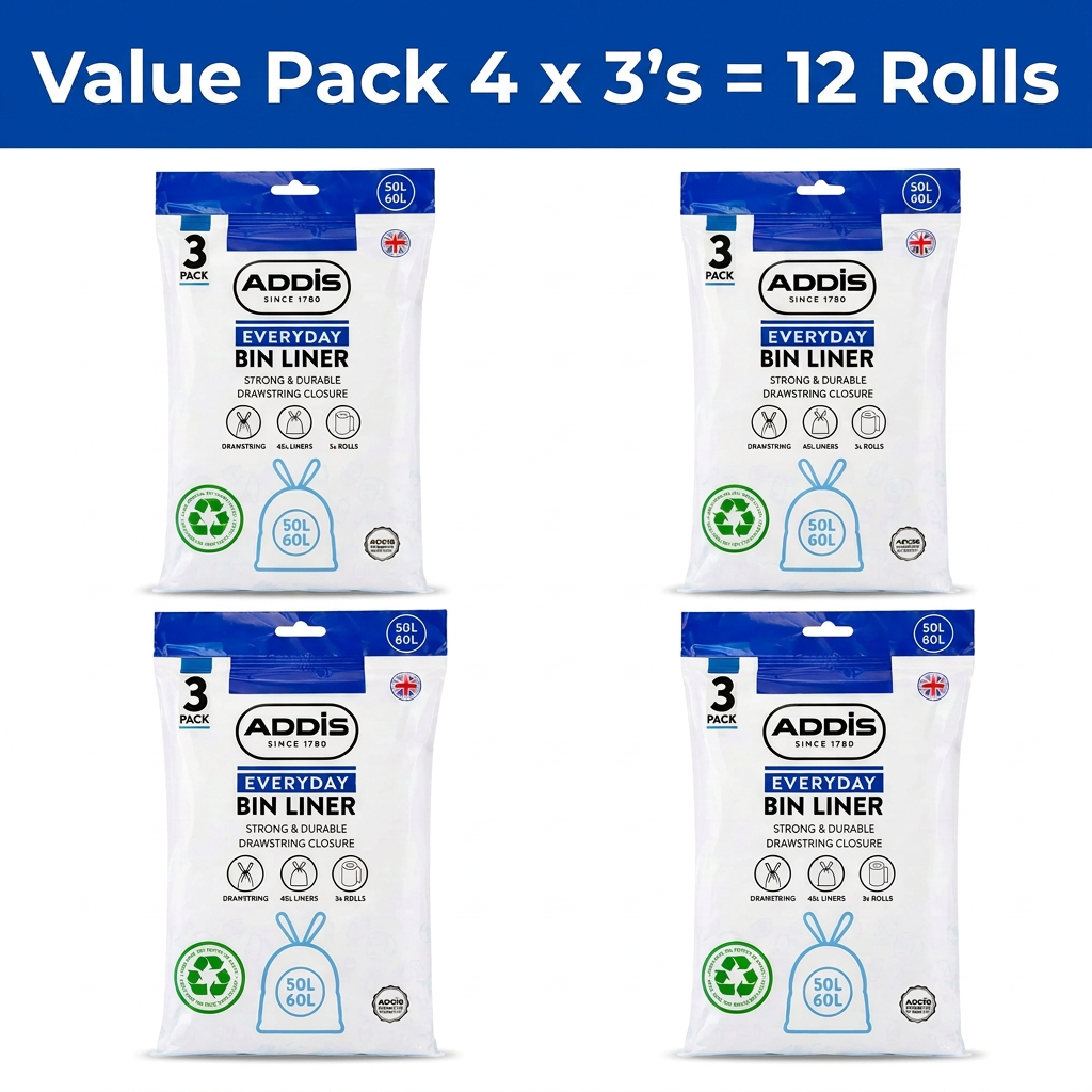 Addis 50–60L Kitchen Bin Liners, Strong Drawstring Bin Bags, 45 Bags