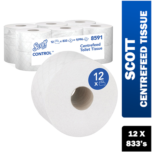 Scott Control Toilet Tissue Centrefeed Roll 2-Ply 833 Sheets,Pack of 12, {8591}