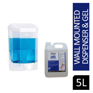 Wall Mounted Hand Sanitiser Gel or Soap Dispenser 500ml & Janit-X Clear Hand Angel Anti-Bacterial Alcohol Gel Sanitiser 5 Litre