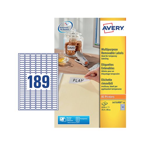 Avery Laser Mini Labels 25.4x10mm 189 per sheet White (Pack of 4725) L4731REV-25