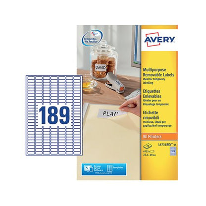 Avery Laser Mini Labels 25.4x10mm 189 per sheet White (Pack of 4725) L4731REV-25