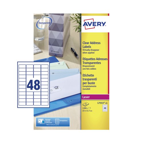 Avery Laser Mini Labels 22x12mm 48 Per Sheet Clear (Pack of 1200) L7553-25