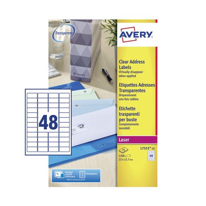 Avery Laser Mini Labels 22x12mm 48 Per Sheet Clear (Pack of 1200) L7553-25
