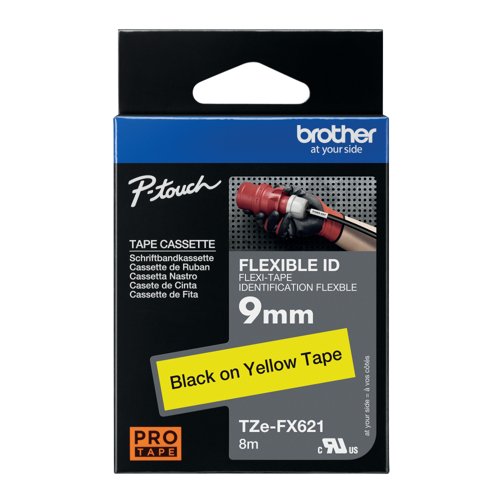 Brother P-Touch TZe Lam Tape Cassette 9mm x 8m Black on Yellow Flexible ID Tape TZEFX621