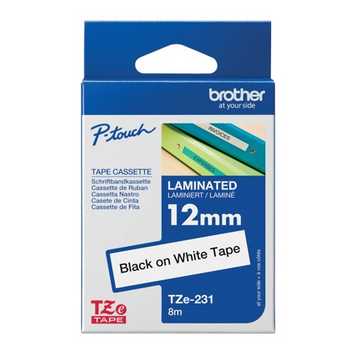 Brother P-Touch TZe Lam Tape Cassette 12mm x 8m Black on White Tape TZE231