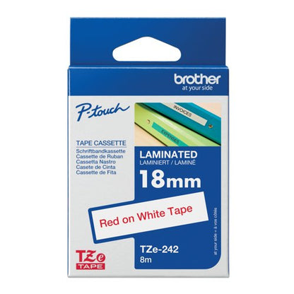 Brother P-Touch TZe Lam Tape Cassette 18mm x 8m Red on White Tape TZE242
