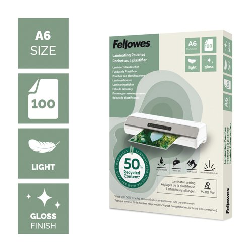 Fellowes Recycled Laminating Pouches 80 Micron A6 Gloss (Pack of 100) 100143441
