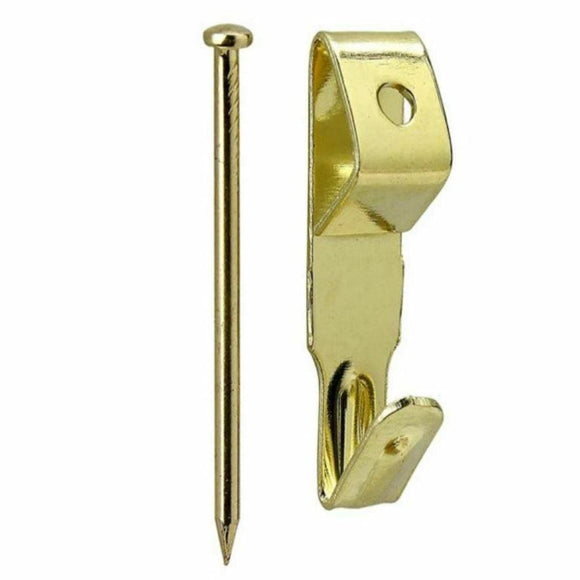 Single Hooked {No.2} Brass Plated Picture Hanging Hooks Pack of 4