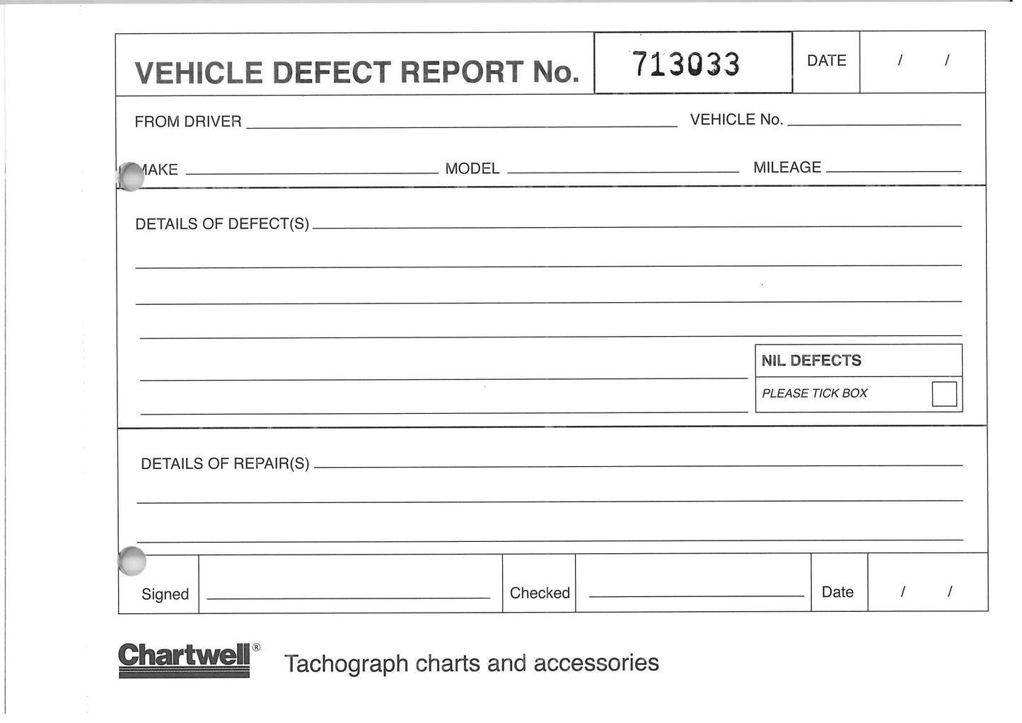 Chartwell A5 Vehicle Defect Reporter Pad 25 Reports in Duplicate - CVDR1Z
