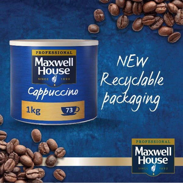 Maxwell House Cappuccino Instant Coffee 1kg Tin (Full Pack 4's) - UK BUSINESS SUPPLIES