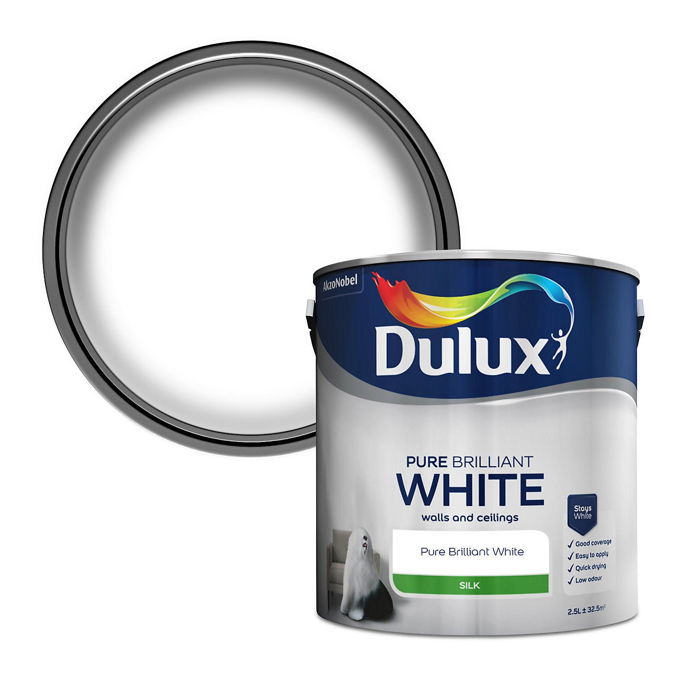 Dulux Silk Emulsion Paint For Walls And Ceilings - Pure Brilliant White 2.5 Litres