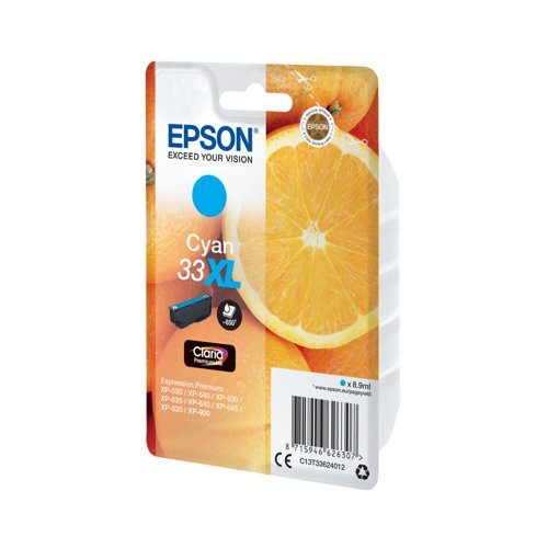 Epson 33XL Oranges Ink Cartridge High Yield Cyan C13T33624012