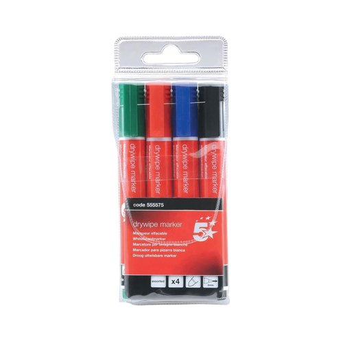 5 Star Drywipe Marker Bullet Tip Xylene/Toluene-free 3mm Line Wallet Assorted (Pack of 4) 555575