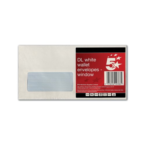 5 Star DL Envelope Window Peel and Seal 80gsm White (Pack of 25) 600388