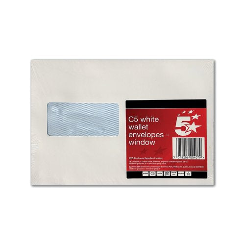 5 Star C5 Window Pocket Envelope Peel and Seal 80gsm White (Pack of 25) 600407