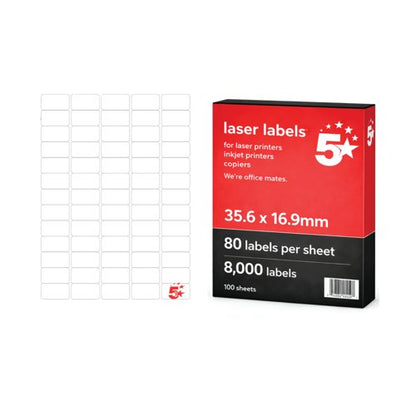 5 Star A4 Mini Sheet Labels 35.6x16.9mm White Pack of 8000 FS679505