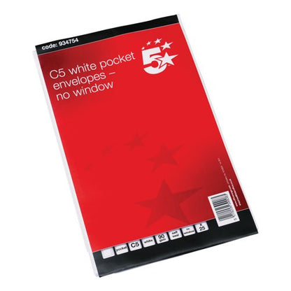 5 Star C5 Pocket Envelope Self Seal 90gsm 229x162mm White Retail Pack (Pack of 25) 934754