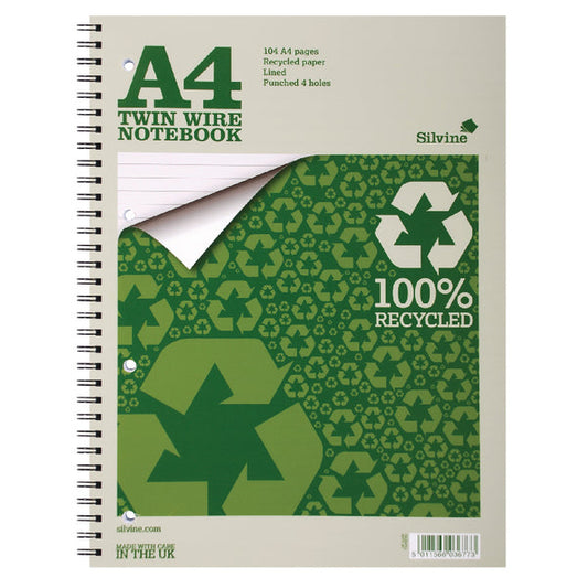 Silvine A4 Wirebound Card Cover Notebook Recycled 104 Pages Green (Pack 12) - TWRE80