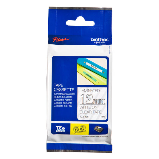 Brother White On Clear Gloss PTouch Ribbon 12mm x 8m - TZE135
