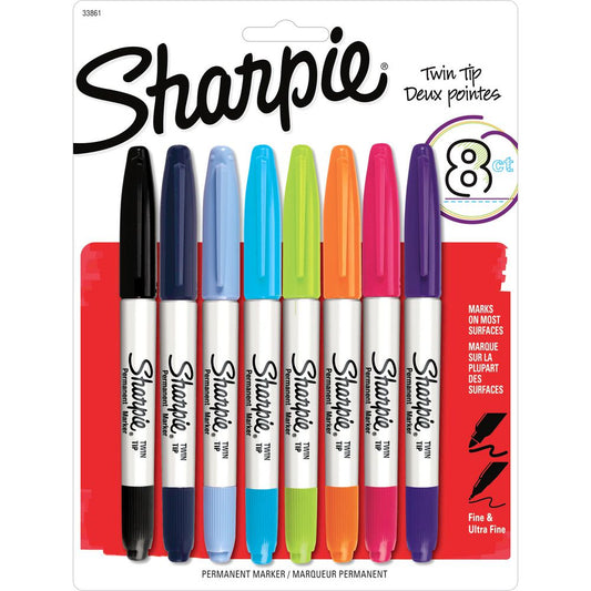 Sharpie Twin Tip Permanent Marker 0.5mm and 0.7mm Line Assorted Colours (Pack 8) - 2065409