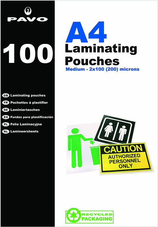 Pavo Laminating Pouch 2x100 Micron A4 Gloss (Pack 100) 8005376