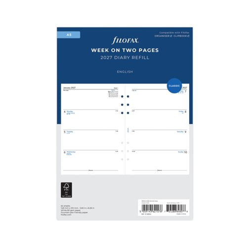 Filofax Refill Week To View A5 White 2027 27-68522